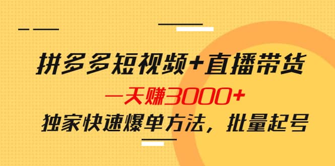 拼多多短视频+直播带货，一天赚3000+独家快速爆单方法，批量起号鱼涯创客-网创项目资源站-副业项目-创业项目-搞钱项目鱼涯创客