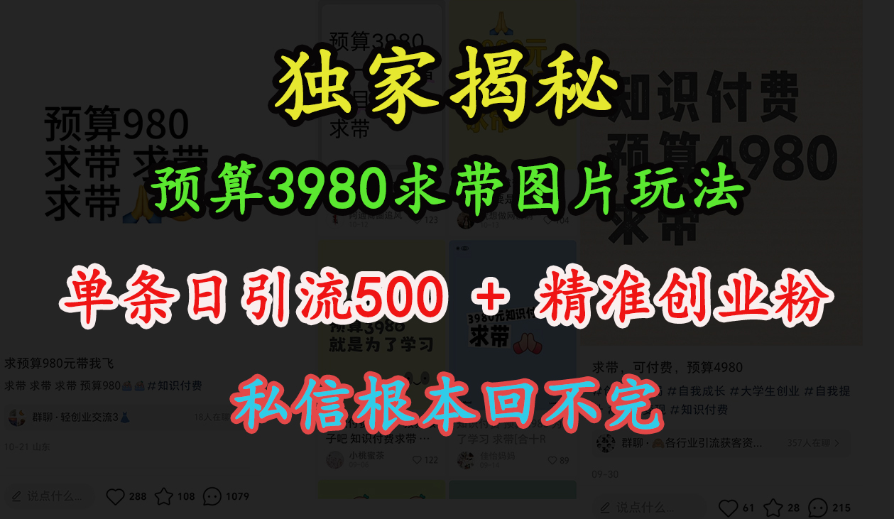 图片[1]鱼涯创客-网创项目资源站-副业项目-创业项目-搞钱项目“小红书”预算3980求带 图片玩法，单条日引流500+精准创业粉，私信根本回不完鱼涯创客-网创项目资源站-副业项目-创业项目-搞钱项目鱼涯创客